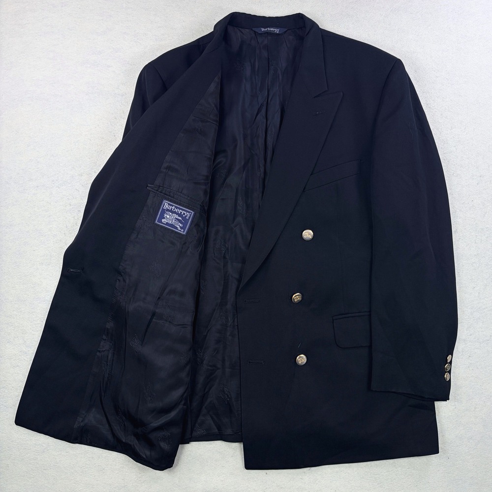 VTG Burberrys Mens Black Double Breasted Wool Sport Coat Gold Crest Buttons 46R